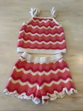 Little girls Crochet Wave Knit Two-Piece Set in Pink, Orange & White